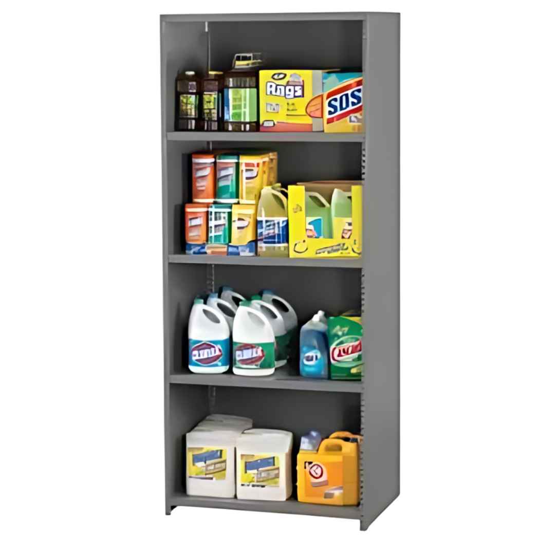A gray Tennsco Q Line Shelving unit holds various cleaning supplies. The shelves are neatly organized with bottles of disinfectant, bleach, detergent, and other household cleaners in different shapes and sizes=