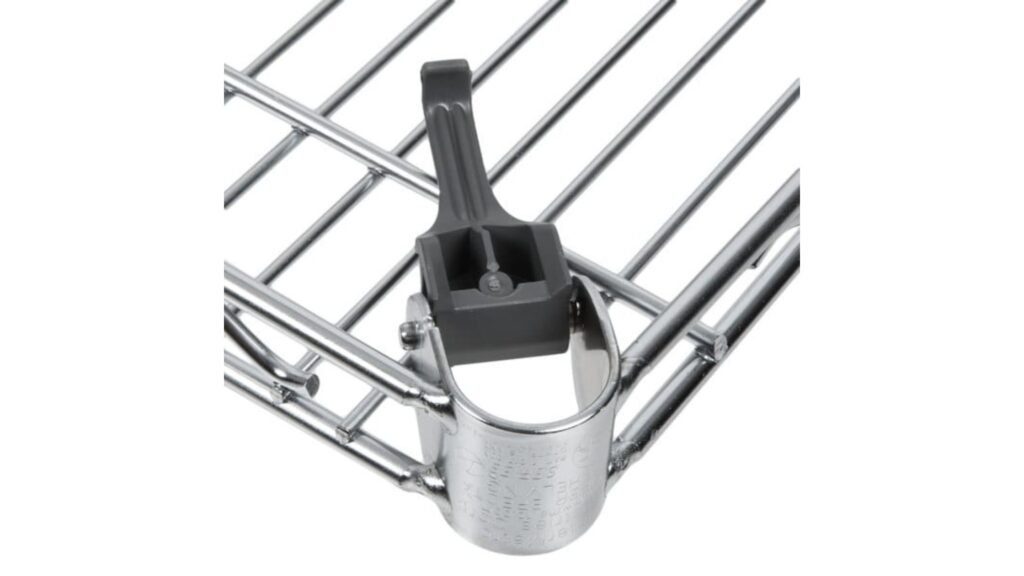 Close-up of a metal oven rack with an attached black handle. The handle has a clamp-like mechanism, ideal for space-efficient storage in any kitchen. The rack features parallel metal bars, designed to support or adjust based on your needs.