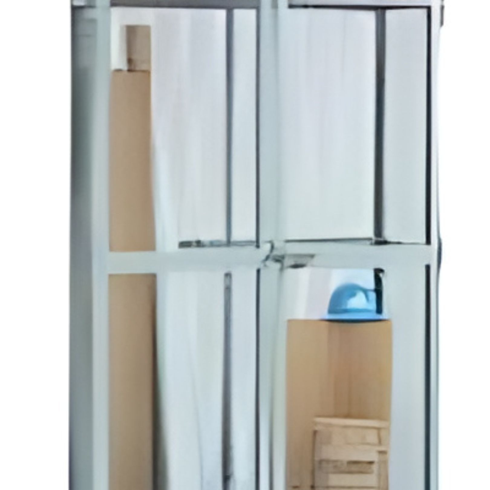 Reflected on a mirrored surface, a blue hard hat sits alongside lockers, with vertical lines and geometric shapes creating an abstract composition. Light and shadows interplay, adding depth to the scene.