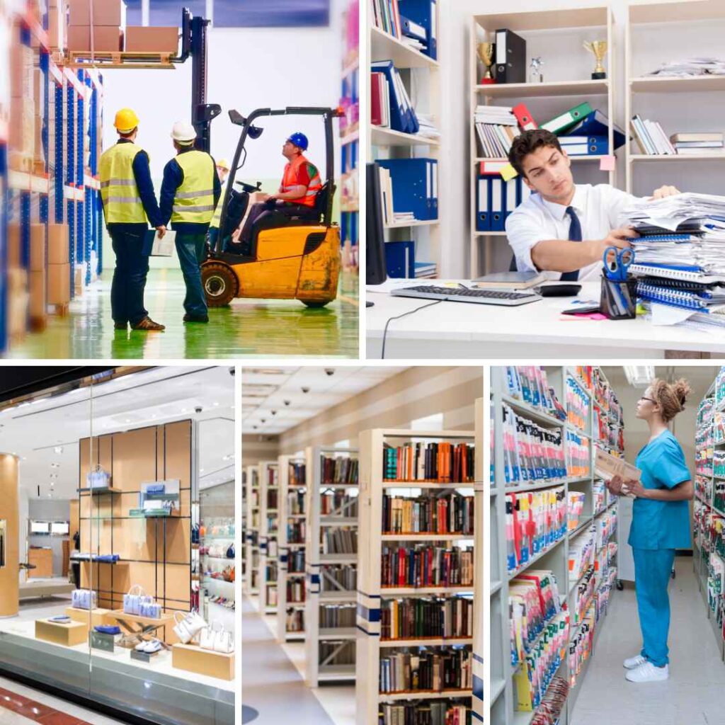 A collage of four images: workers in safety gear near pallets, a man swamped with paperwork at a desk beside Tennsco Q Line Shelving, a retail store display, and a person in scrubs examining products in a library aisle lined with books.