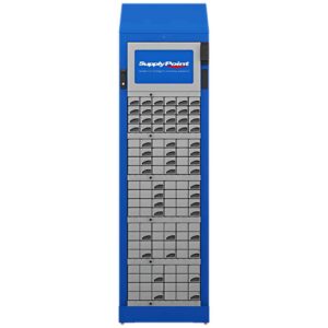 A blue SupplyPoint locker with multiple small compartments. The top has a control panel labeled SupplyPoint. The locker is designed for securely storing and dispensing items, usually used in industrial or workplace settings.