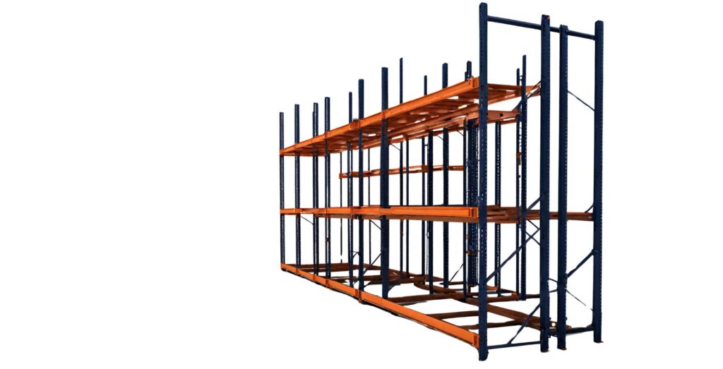 A large industrial pallet rack with orange horizontal beams and black vertical supports, designed for efficient warehouse storage. The unit is empty and isolated on a white background, ready for quick assembly. Options for same day shipping are available to meet your urgent needs.