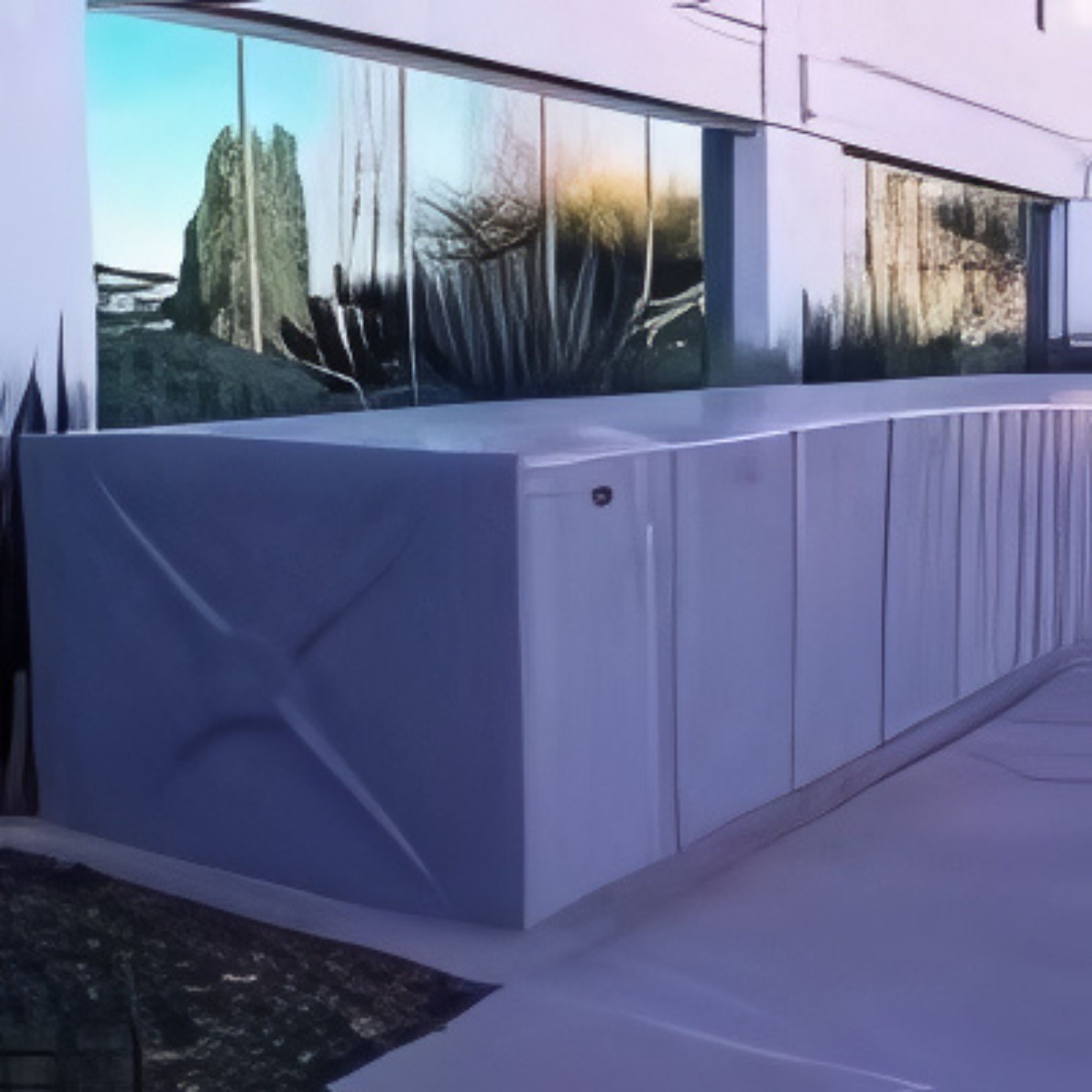 A modern building with large, reflective glass panels displays a distorted outdoor landscape. The exterior is sleek and minimalist, featuring lockers within its geometric design, complemented by muted colors and smooth surfaces.