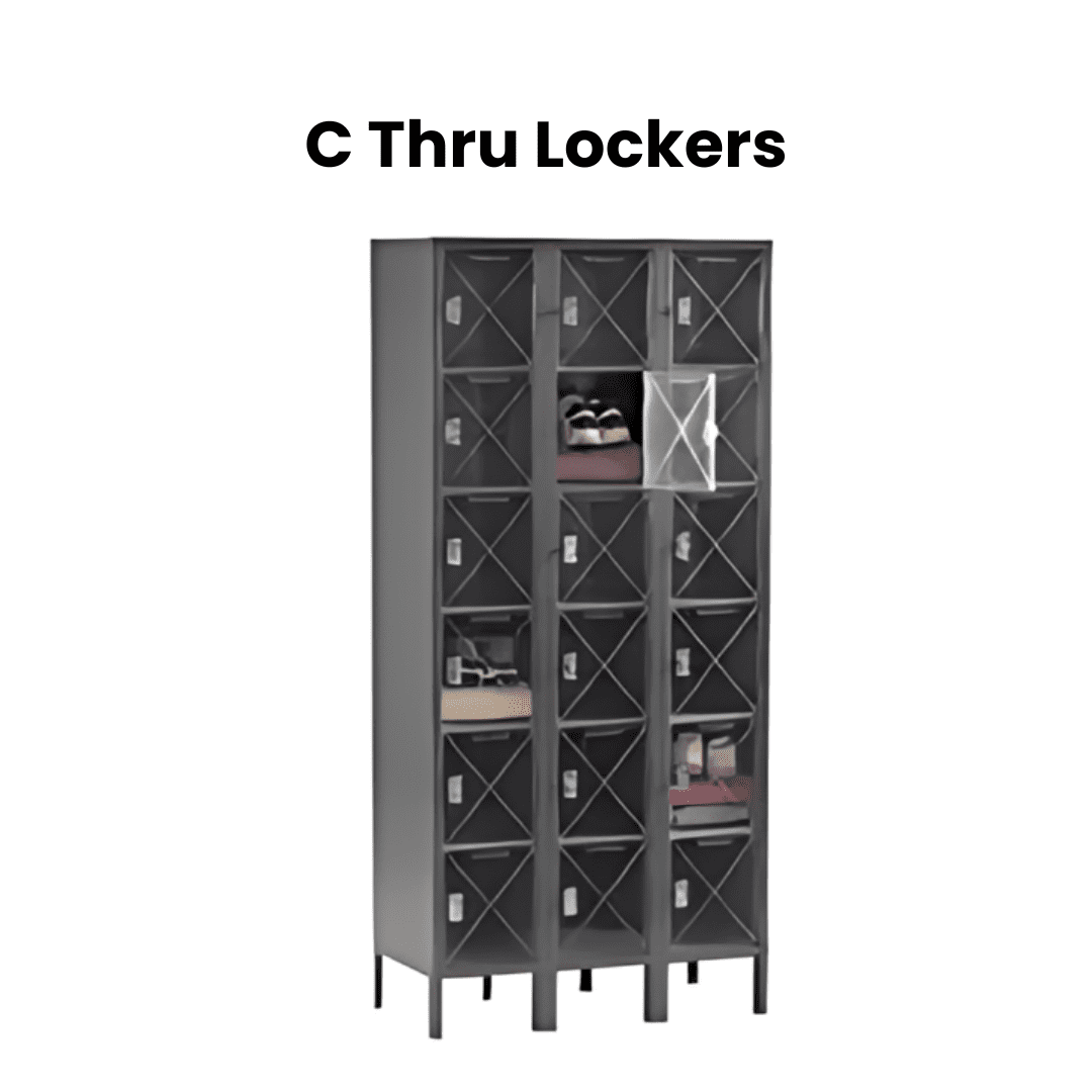 A tall, gray locker unit labeled C Thru Lockers features multiple compartments. With some transparent doors revealing stored items like shoes and clothes, these lockers boast a design reminiscent of Tennsco Lockers.