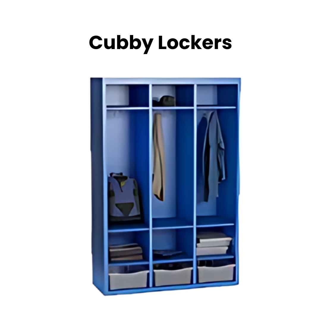 A blue Tennsco locker unit with three vertical sections, each equipped with rods for hanging clothes and multiple shelves. Perfect for organizing items like a backpack, jacket, hangers, bins, and folded clothes. Text above reads Cubby Lockers.