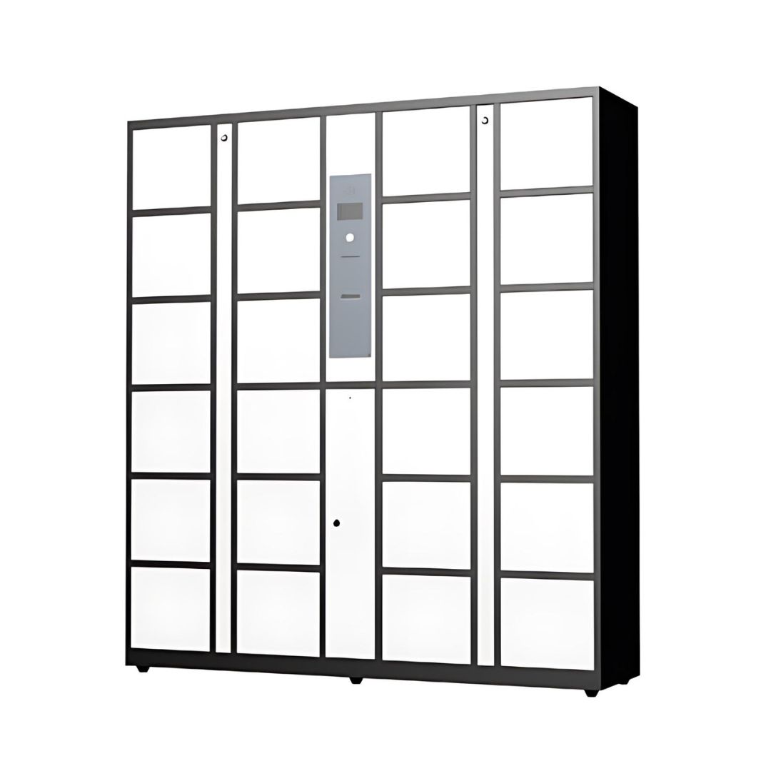 Modern black and white storage locker with multiple doors and a centralized control unit.
