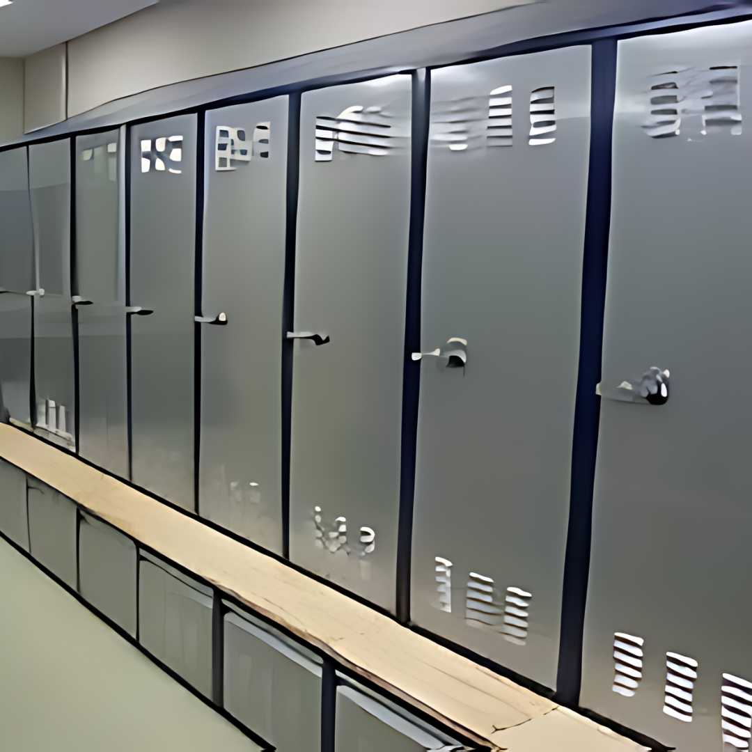 Wide-angle view of a row of gray parcel lockers with ventilation slits and metal handles, lined along the wall. Uniform in design, these lockers occupy a brightly lit space.