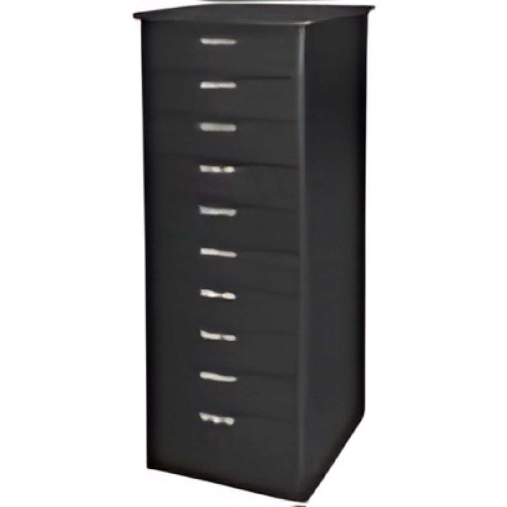 A sleek, tall black metal cabinet resembling a row of secure lockers features ten drawers with gleaming silver handles, viewed at an angle against a stark white backdrop.