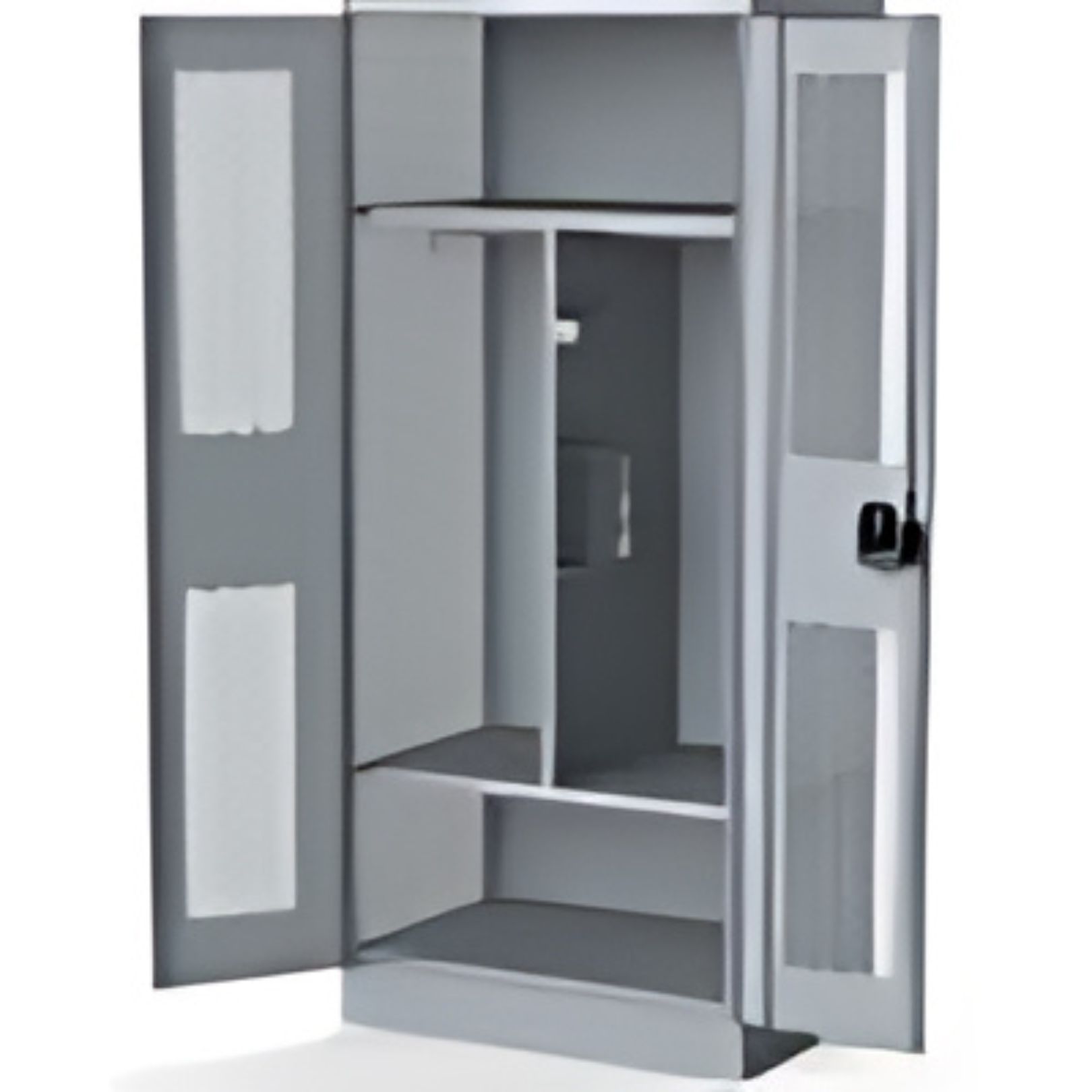 Open gray metal cabinet with two doors reminiscent of classic lockers, revealing empty shelves inside. The right door features a secure lock, ensuring your belongings are safely stored.