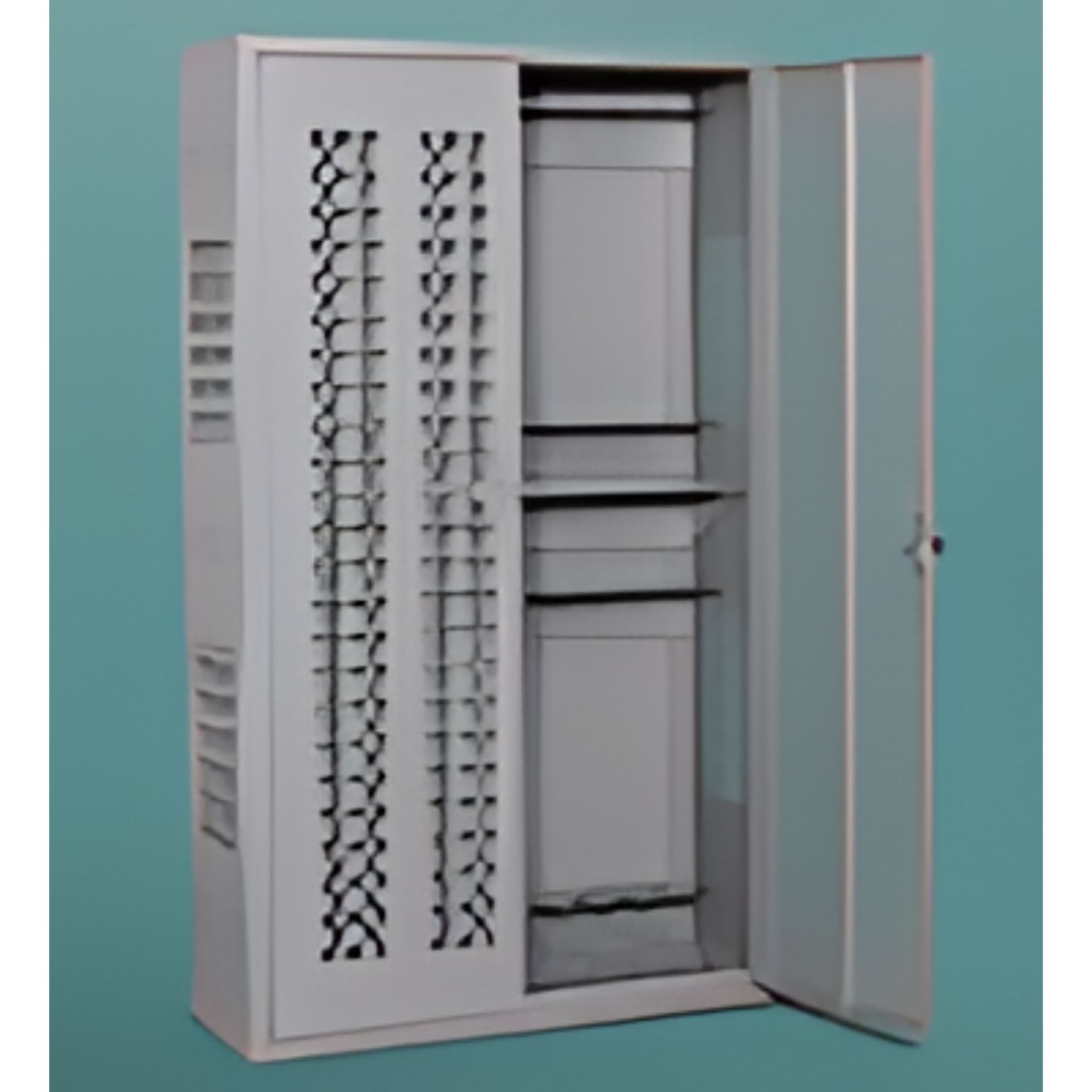A tall, white storage cabinet with partially opened doors reveals multiple vertical lockers and shelves inside. The exterior boasts a decorative lattice design on one side, standing out against the plain turquoise background.