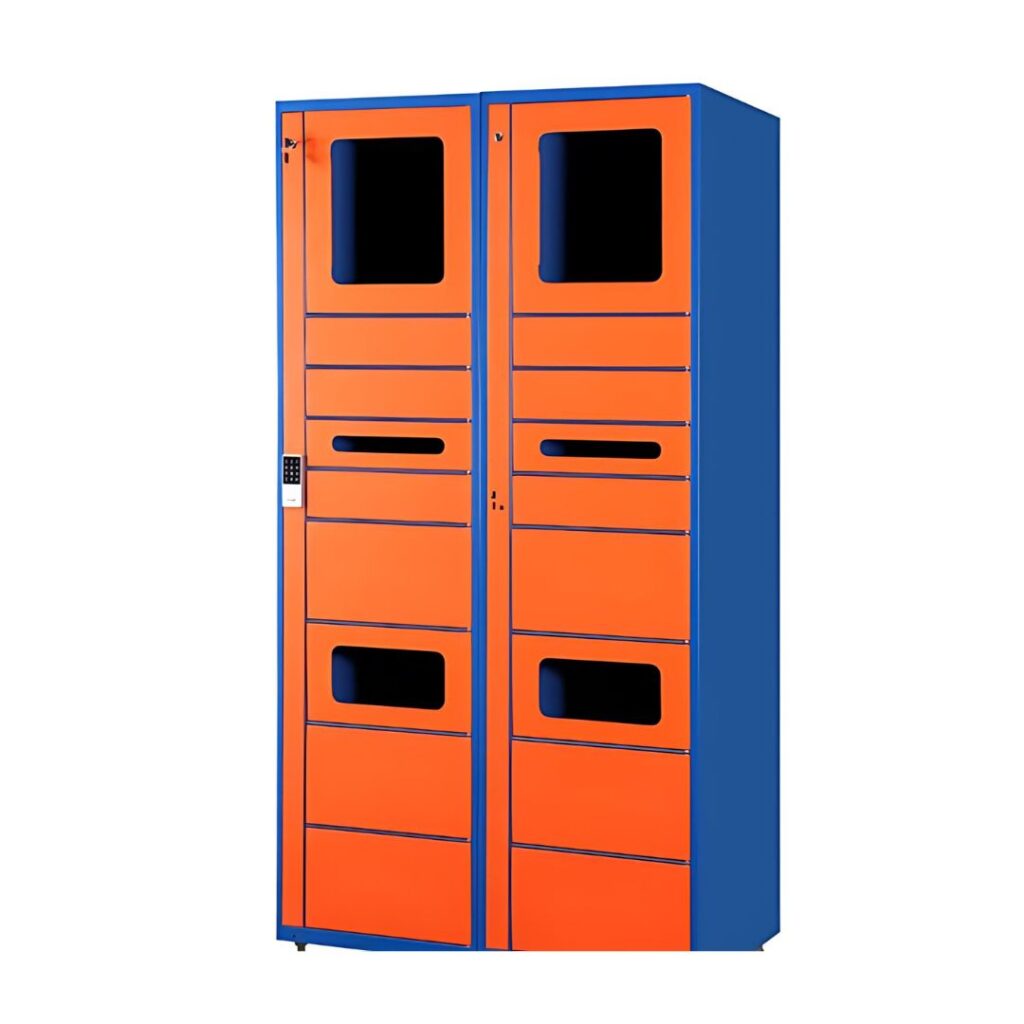 Orange and blue electronic lockers with keypads by MH USA, available in Salt Lake City, Utah.