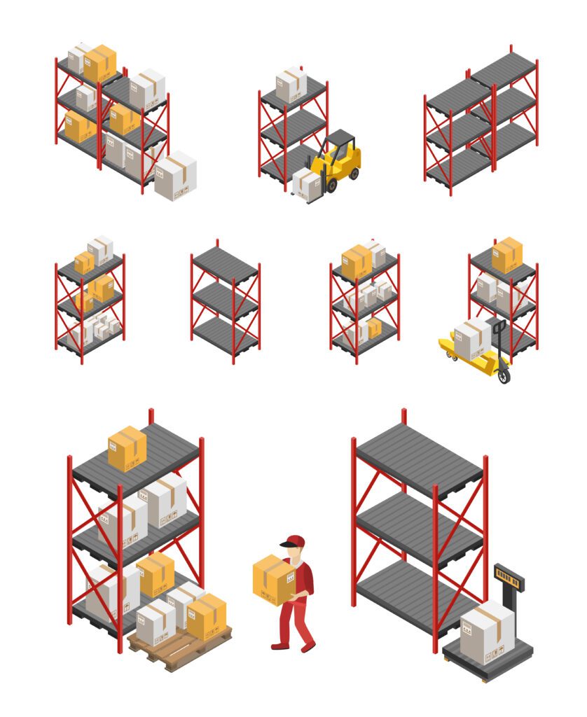 Isometric illustrations showcase warehouse shelves with boxes, forklifts, and a worker carrying a box. Various storage setups illustrate how to optimize pallet racks, with empty and filled racks. A forklift and pallet jack efficiently transport goods in this depiction of warehouse storage solutions.
