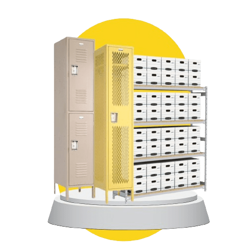 A 3D rendering showcases innovative storage solutions with a tall beige locker, a yellow mesh locker, and a metal shelving unit filled with white storage boxes, all set against a bright yellow circular backdrop on a white platform.