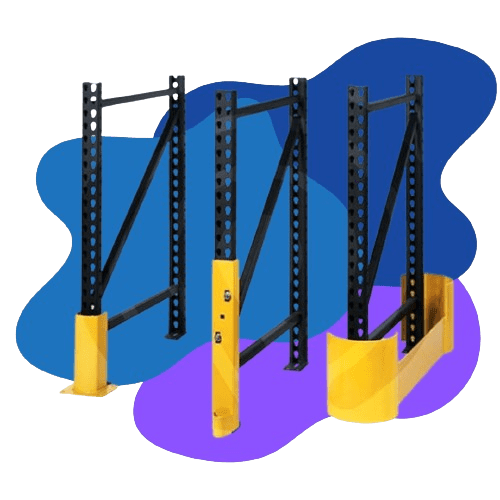 Three blue and black metal frames with yellow guards, set against a blue and purple abstract background. These innovative storage solutions feature perforated beams, hinting at a sophisticated shelving or material handling equipment system.