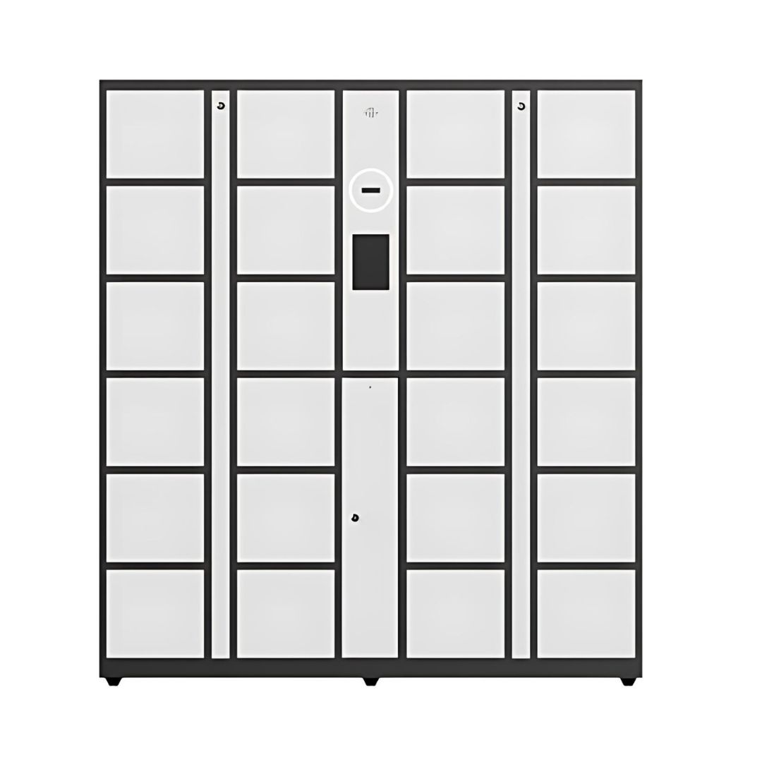 White 24-door storage locker with pin pad, ideal for secure access in business environments.