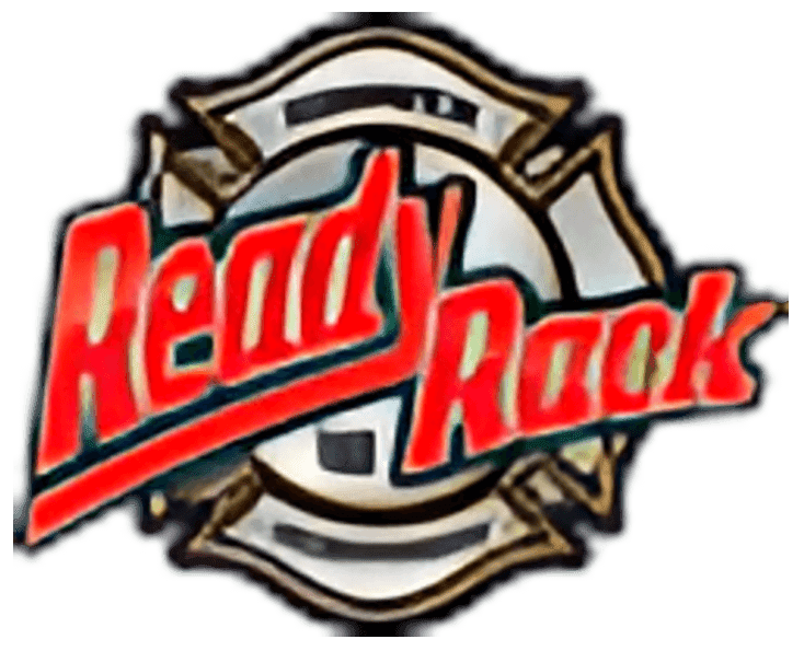 The image showcases the Ready Rock logo in bold red text, set against a stylized circular background with abstract shapes in black, white, and gold tones, reminiscent of sophisticated locker designs.
