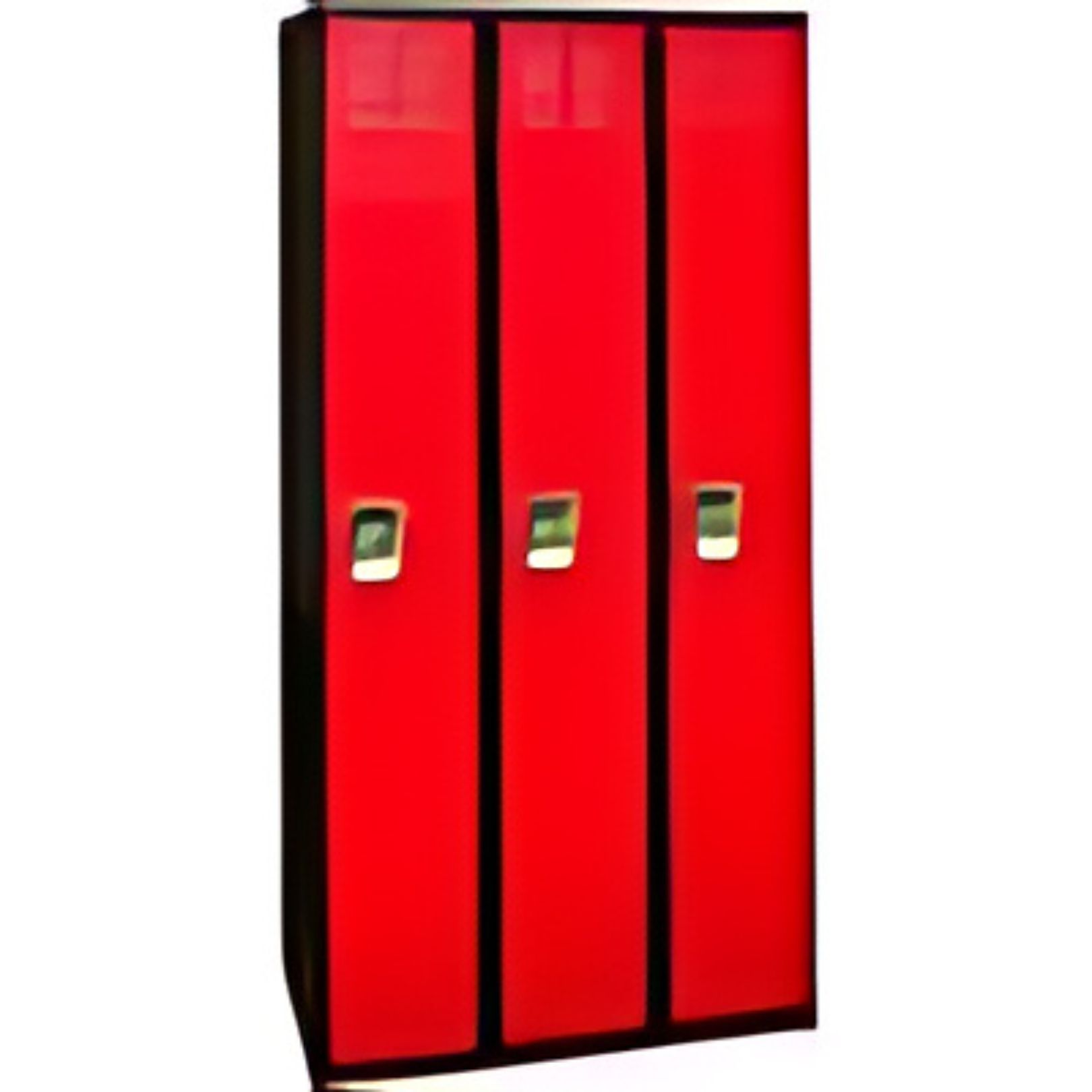 A sleek, three-door red locker with black edges and silver handles, designed to stand out in any space.