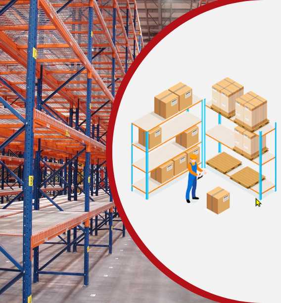 An empty warehouse with tall metal shelves is shown. Overlaid on the right is an illustration of a person organizing boxes on shelves, guided by OSHA warehouse guidelines, with a large arrow cursor pointing at them.