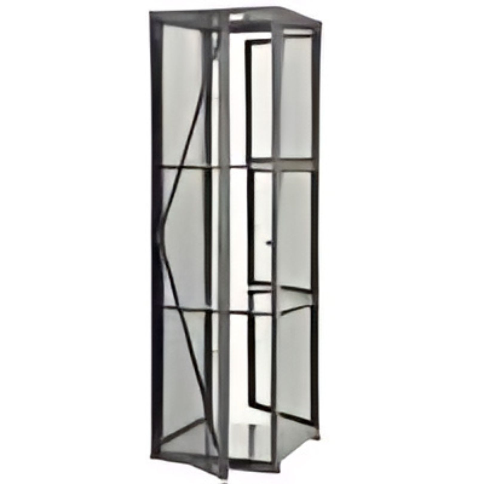 A tall, transparent glass display cabinet with multiple shelves rests securely in a slim, metallic frame, reminiscent of elegant lockers.