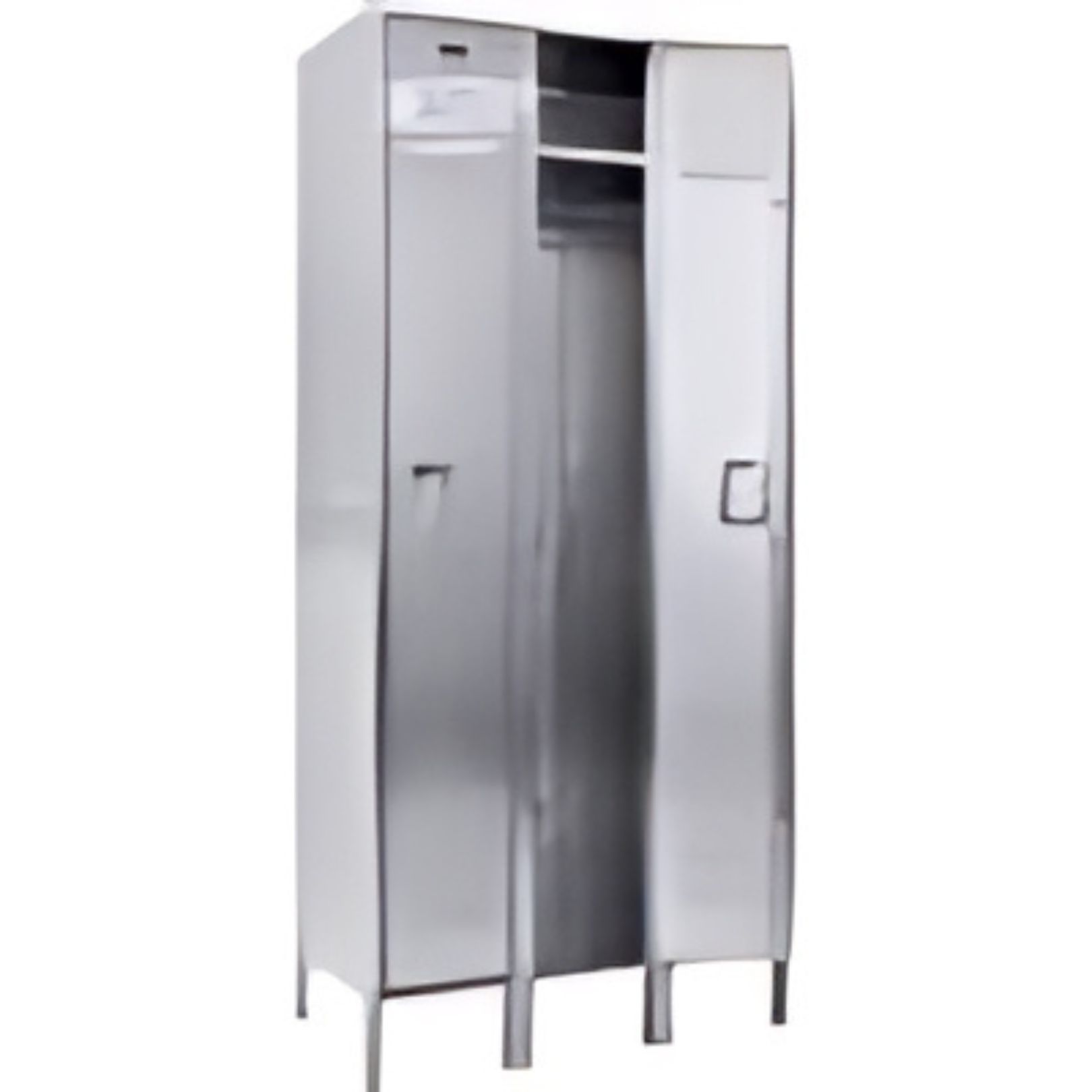 The stainless steel double-door locker stands tall and rectangular on four legs, with a partially open door revealing a hanging rod and shelving inside. Ideal for secure storage, these lockers offer both durability and style.