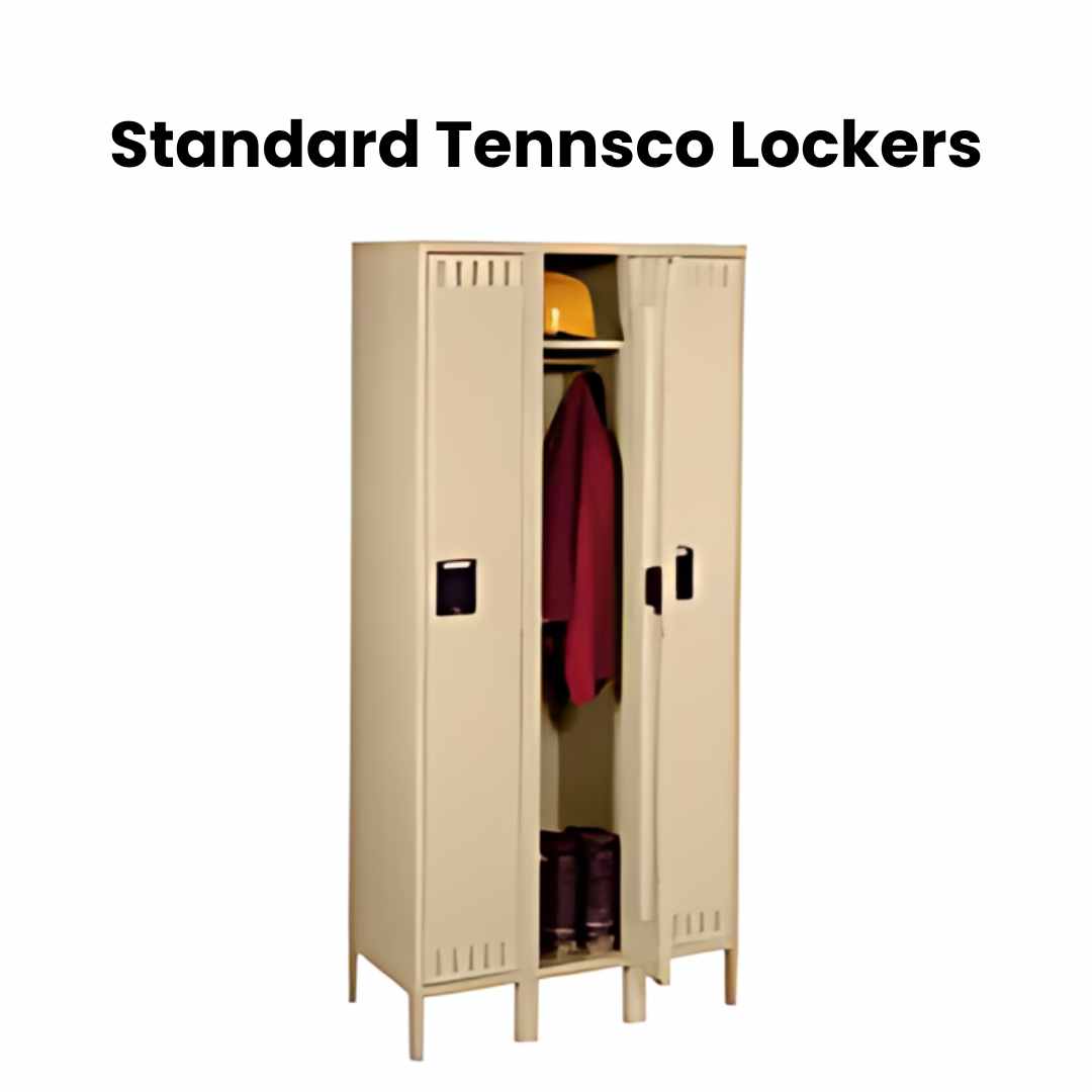 Tennsco Lockers present a beige design with dual compartments—one open, showcasing a yellow hard hat on the top shelf, a red jacket hanging neatly, and black boots below. Bold text above proudly displays, Standard Tennsco Lockers.
