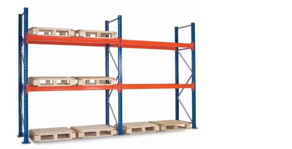 The metal warehouse shelving unit, featuring blue vertical supports and orange horizontal beams, efficiently organizes wooden pallets. Some pallets rest on the shelves while others sit on the floor. This robust pallet rack offers convenient storage with same-day shipping options.