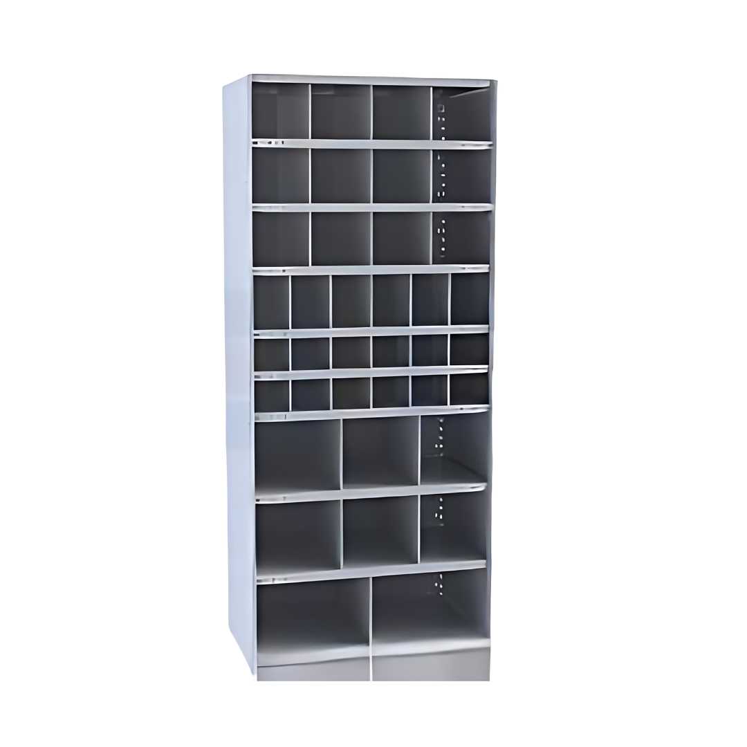Tall, silver metal bin shelving unit with multiple rectangular compartments of varying sizes, some featuring adjustable dividers. The unit stands empty against a white background.