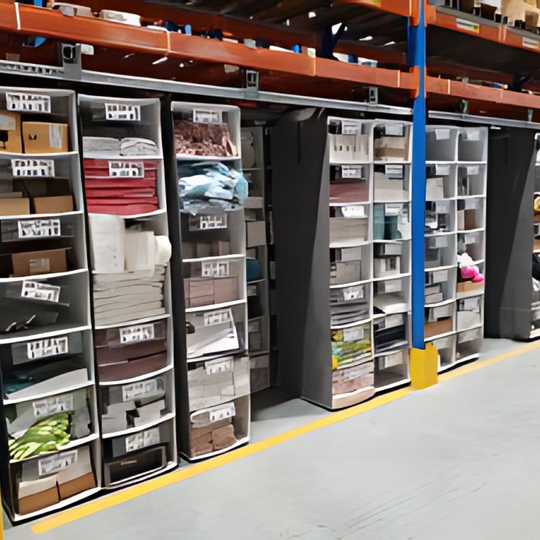Industrial storage with open compartments displaying supplies for organized material handling.