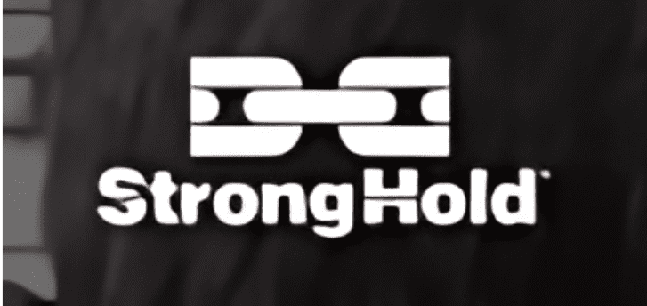 A black and white logo features a stylized chain link design above the text StrongHold, evoking the security and reliability of trusted lockers.