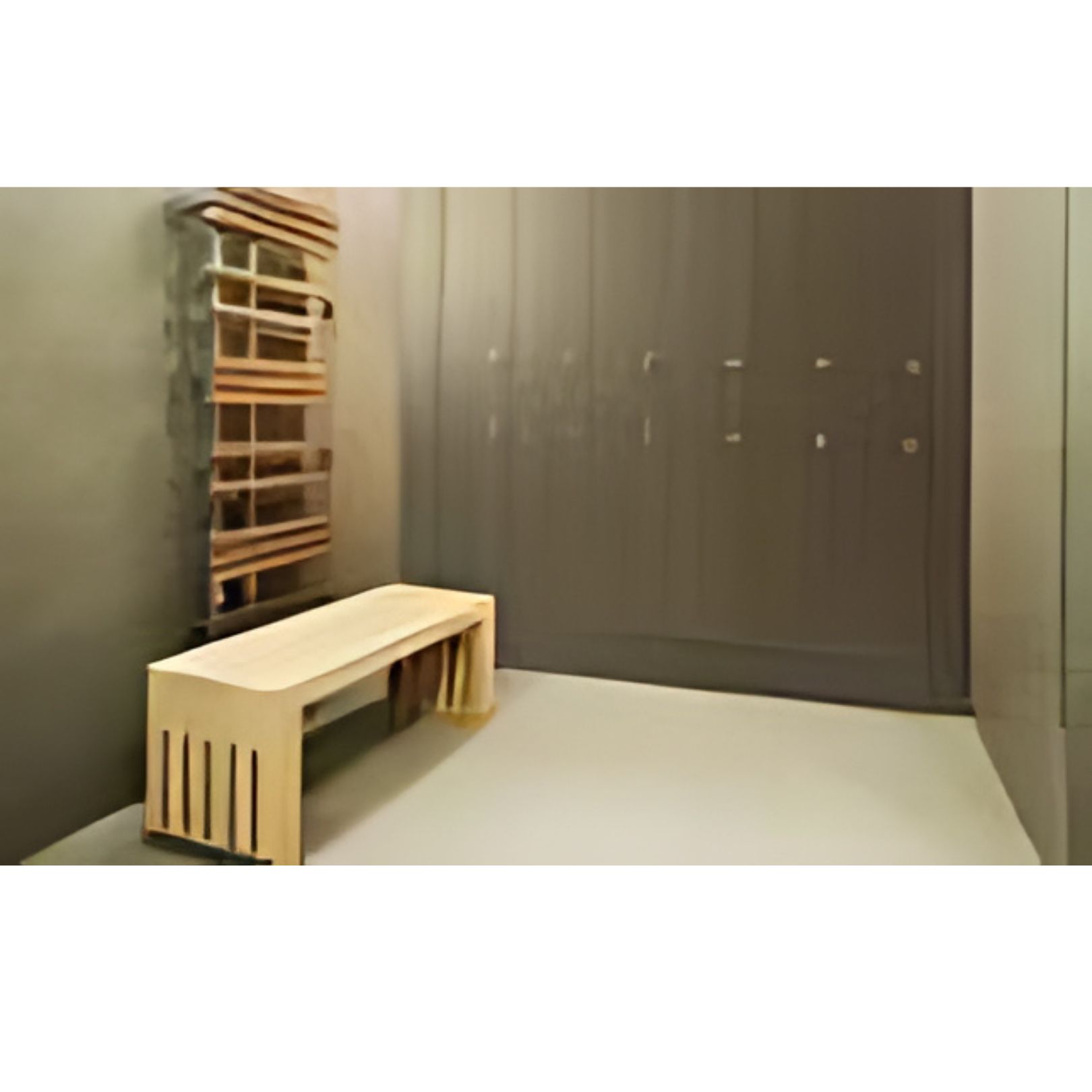 A minimalist room features a light wooden bench in the corner, with a wall-mounted wooden rack above. Lockers line one side, their sleek design adding to the modern contrast against the dark walls. The space feels both open and contemporary.