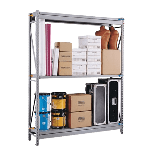 Efficient workspace organization is a breeze with this metal shelving unit, featuring two spacious shelves that hold a variety of items such as cardboard boxes, rolls of material, cans of paint, and large padded bags.