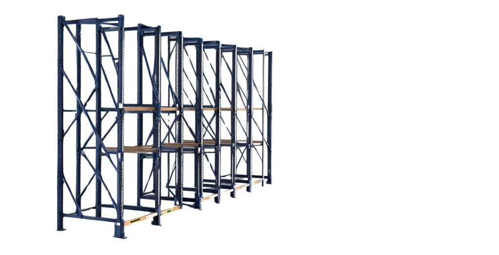 A set of industrial blue metal shelving units with wooden shelves, arranged in a row, resembles pallet rack systems. The structure is empty and extends diagonally from the left foreground to the right background against a white backdrop for same-day shipping.