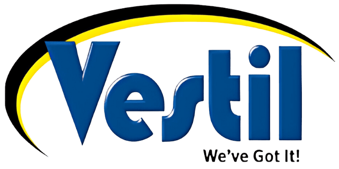 Logo featuring the word Vestil in large blue letters with a black and yellow swoosh above it, reminiscent of a locker door. Below, the text reads Weve Got It! in smaller black letters.