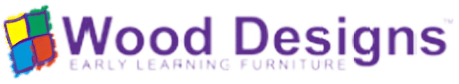 Logo for Wood Designs with a colorful windowpane graphic on the left. Text reads Wood Designs Early Learning Furniture in purple letters, showcasing its range from cozy cubbies to sturdy lockers for every classroom need.