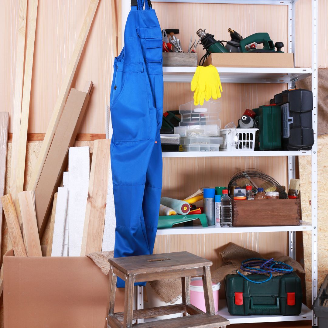 A workshop scene with tools and supplies: a blue jumpsuit hangs on durable stockroom shelving, surrounded by a variety of tools, a pair of yellow gloves, a small stool, wooden planks, toolboxes, and spray cans.