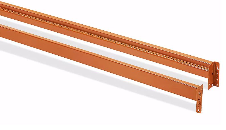 Two orange metal shelving beams with perforated ends for adjustable installation, lying parallel on a white background. Designed for heavy-duty rack setups in industrial or warehouse environments, these beams ensure robust and reliable storage solutions.