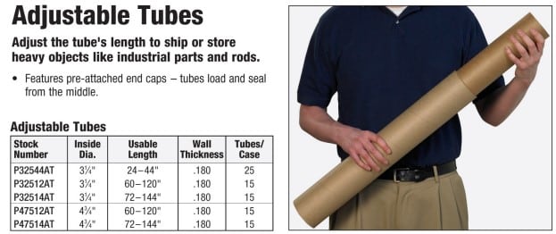 A person in a navy shirt holds a large brown adjustable mailing tube. To the left, a table lists different tube sizes=