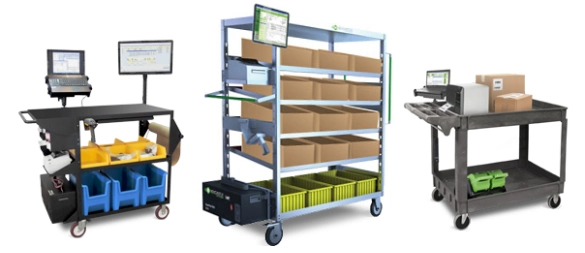 Three types of mobile workstations with various shelves and containers offer organization and easy mobility. These powered carts hold monitors, printers, and storage bins, featuring wheels and electronic setups for seamless functionality.