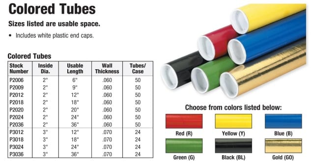 The image showcases a variety of colored mailing tubes stacked together: red, yellow, blue, green, black, and gold. A table provides detailed specifications for each mailing tube—stock number, inside diameter, usable length, wall thickness, and units per case.
