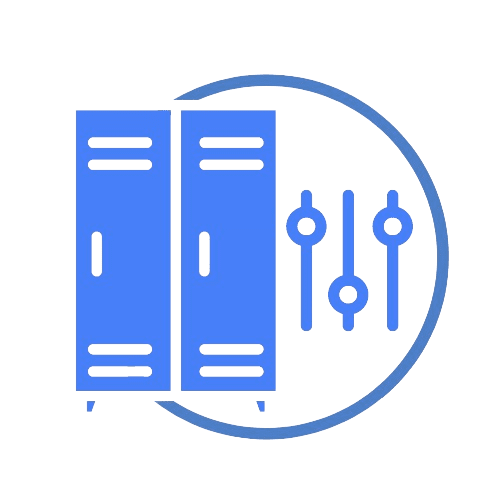 Icon depicting two blue lockers next to three adjustment sliders inside a circle.