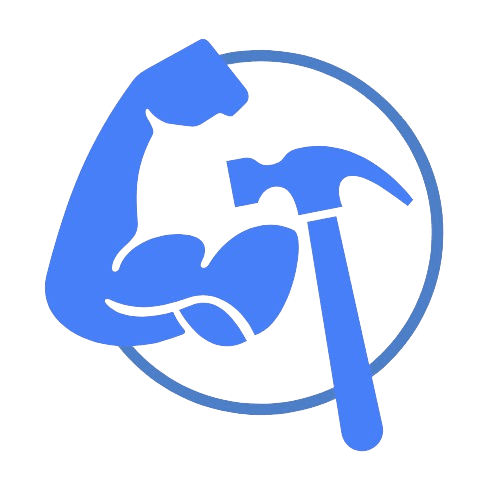 Icon of a muscular arm flexing a bicep, held within a circular outline, with a hammer intersecting the arm, all in a solid blue color.