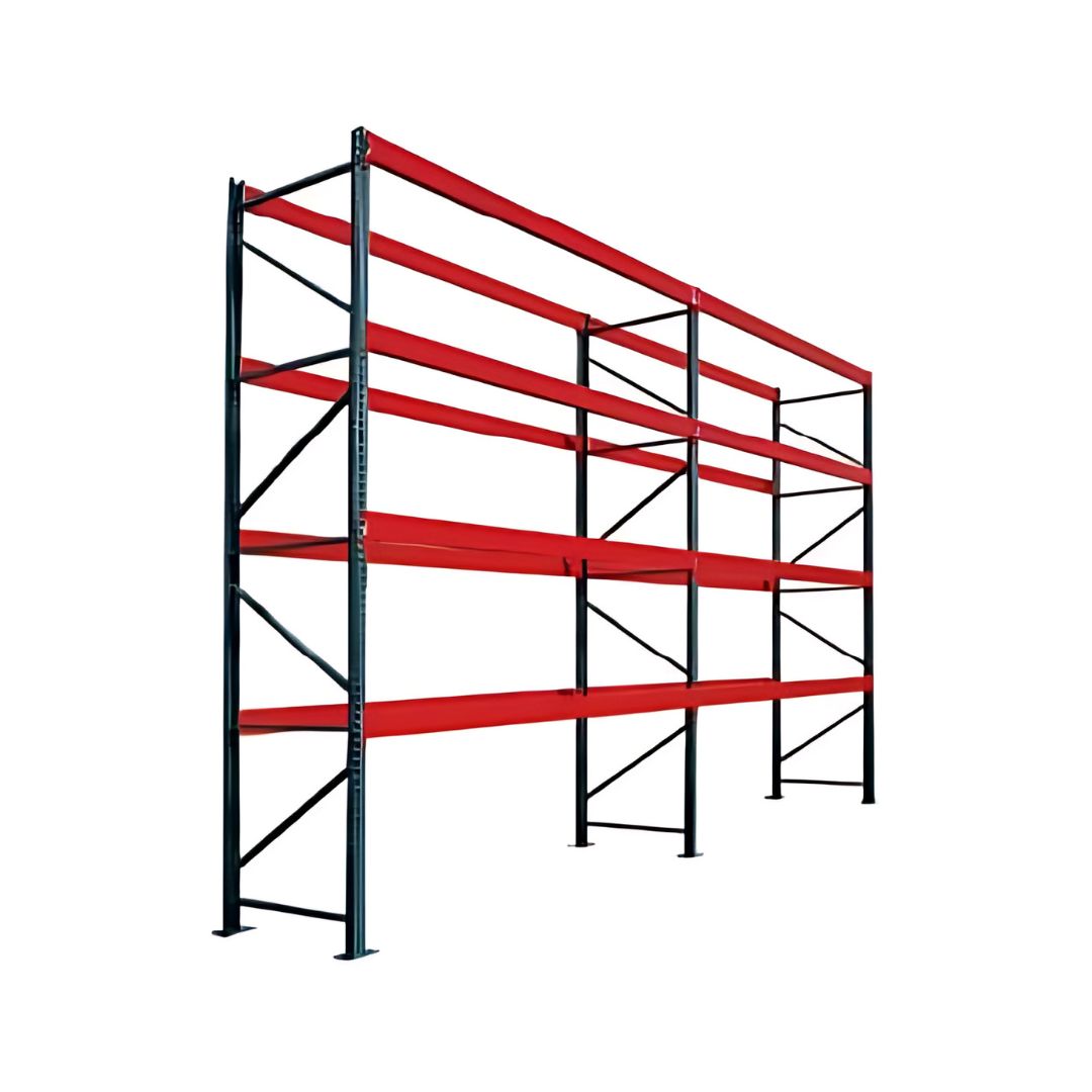 Red and black metal pallet rack for organizing and storing heavy items in warehouses.
