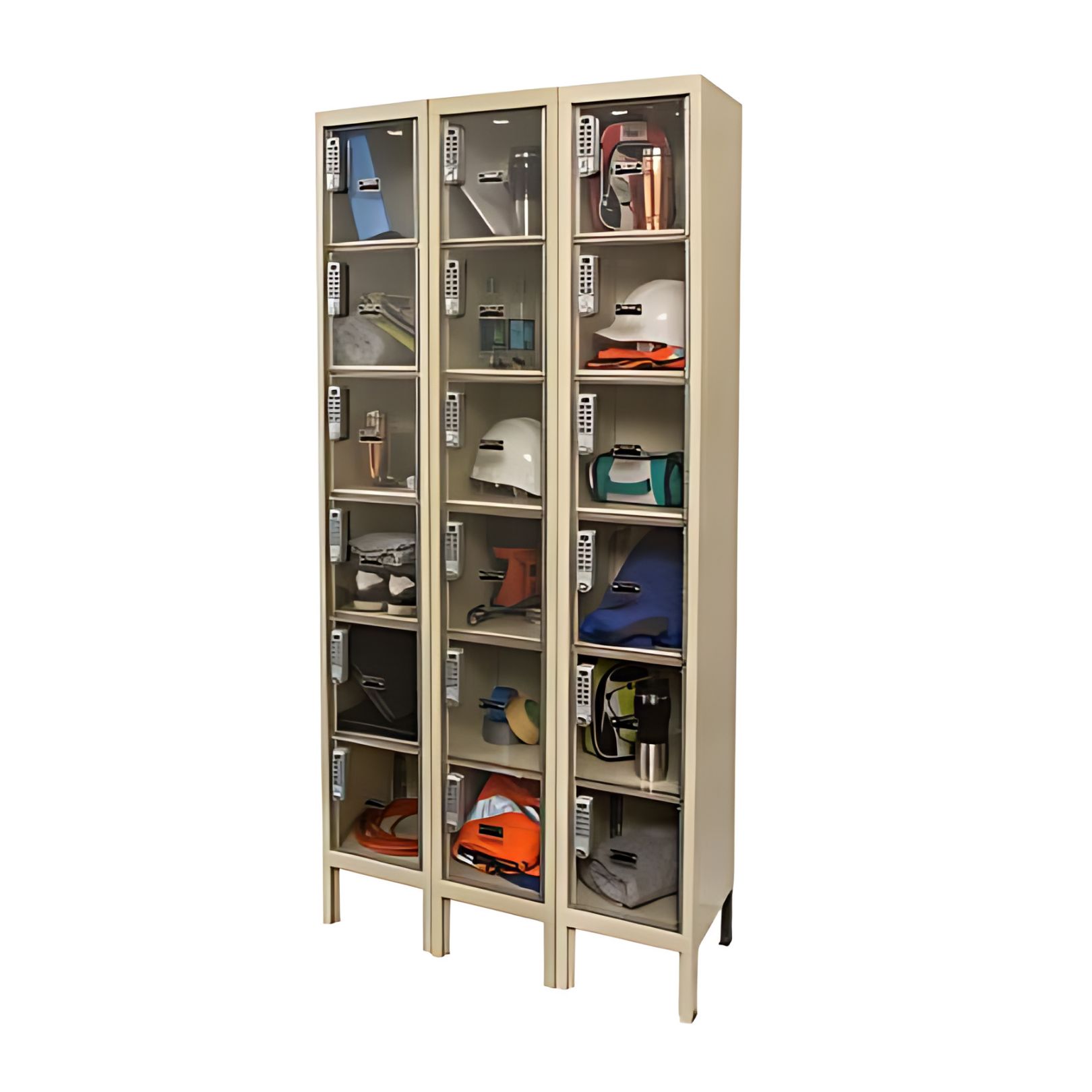 A beige locker unit features three columns and five rows of transparent doors, elegantly showcasing items like helmets, bags, and tools. Each door is equipped with a numeric lock, ensuring security. Set against a plain white background, these lockers offer both practicality and style.