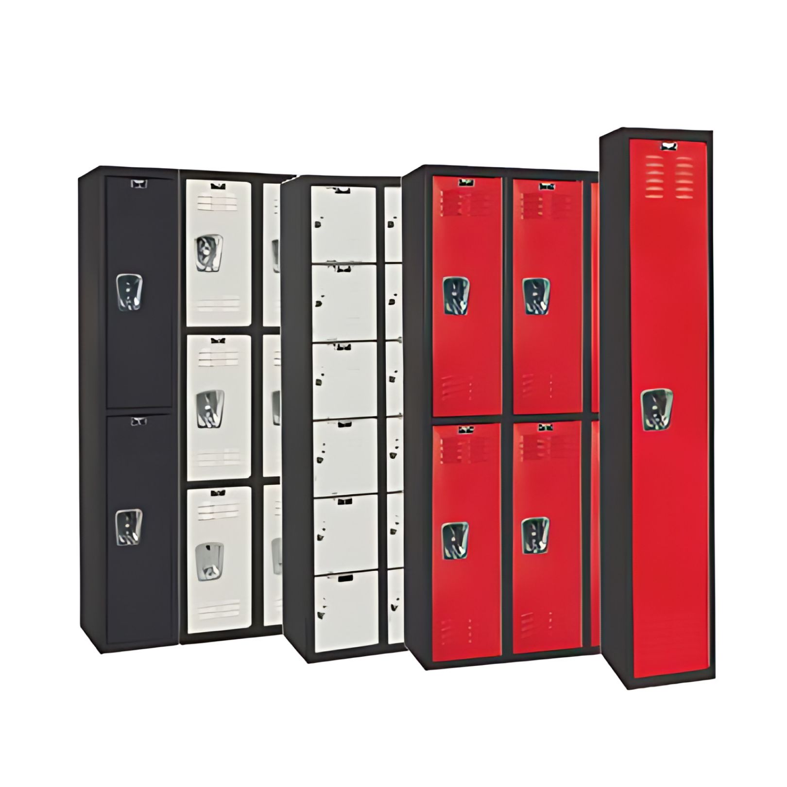 A row of vibrant lockers—black with gray doors, white, and red—each featuring ventilation slots and sturdy handles. These eye-catching lockers are arranged in a staggered formation against a pristine white backdrop.