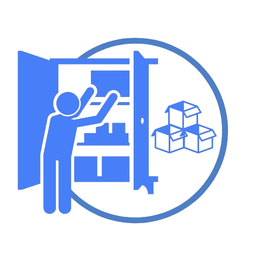Icon of a person organizing shelves in an open storage cabinet, with boxes on the floor nearby. The image is blue and encircled.