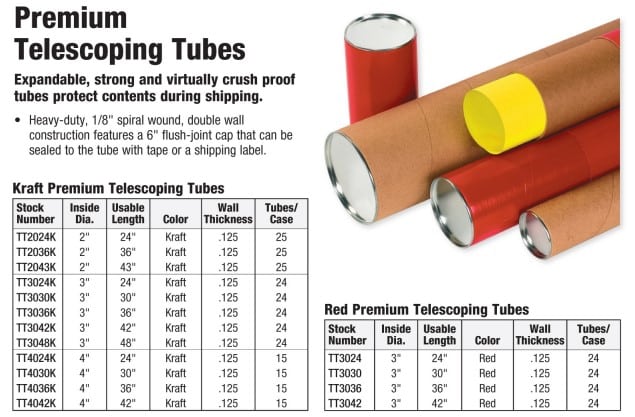 Discover our premium telescoping mailing tubes, featuring vibrant red and classic kraft paper options. The detailed table showcases everything you need to know: stock numbers, inside diameters, lengths, colors, wall thicknesses, and case quantities. Perfect for every shipping need!.