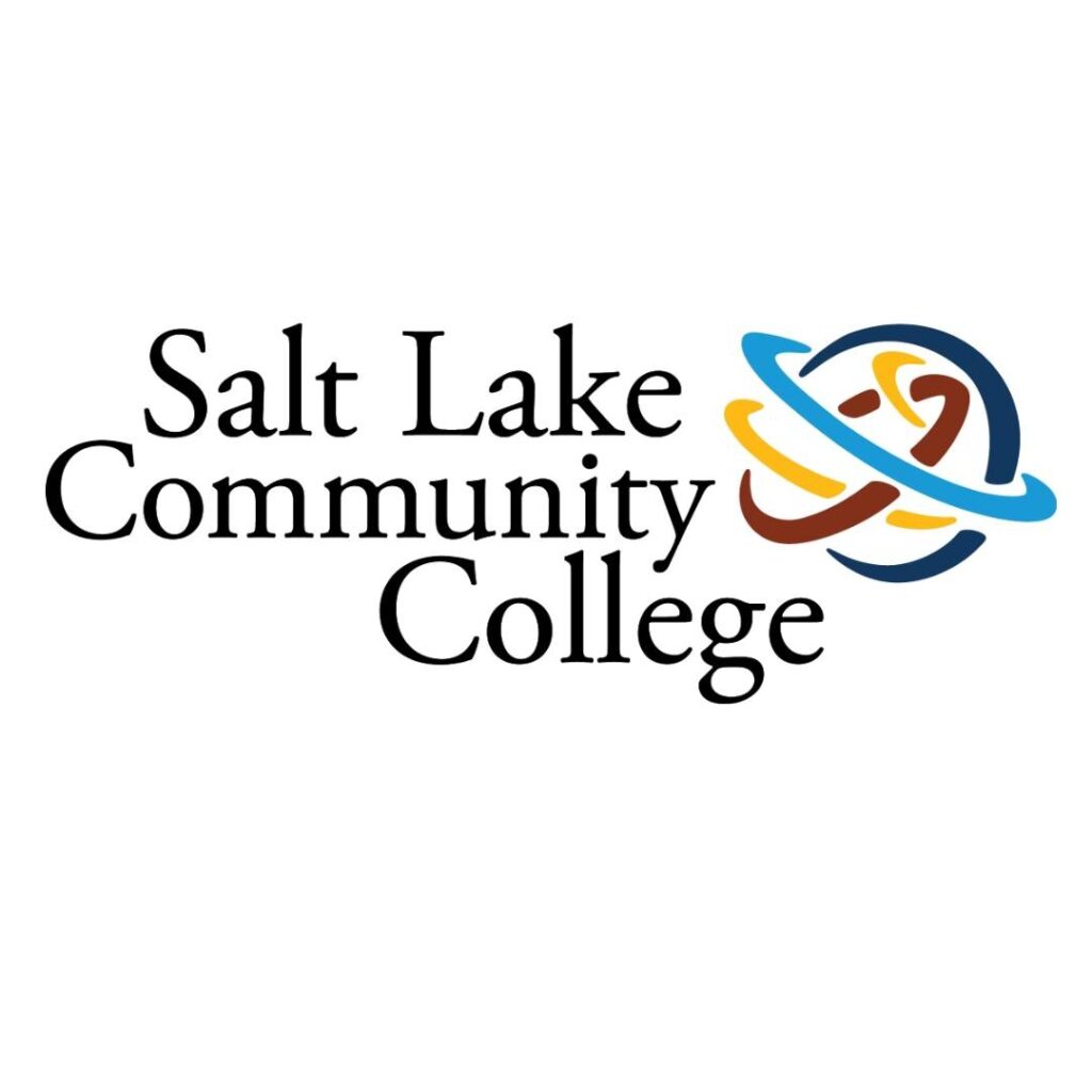 Logo of Salt Lake Community College featuring stylized, intertwined orange, yellow, and blue swooshes to the right of the text. The design reflects modernity and efficiency akin to top-notch property management supplies in its sleek integration of elements.