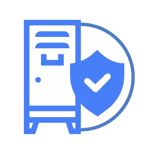 Icon of a desktop computer tower with a shield displaying a check mark, symbolizing security or protection.