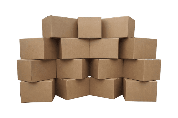 A stack of fourteen brown cardboard boxes, showcasing shipping supplies solutions, is arranged in a pyramid shape. The boxes are plain and evenly sized, creating a neat and symmetrical structure against a plain background.
