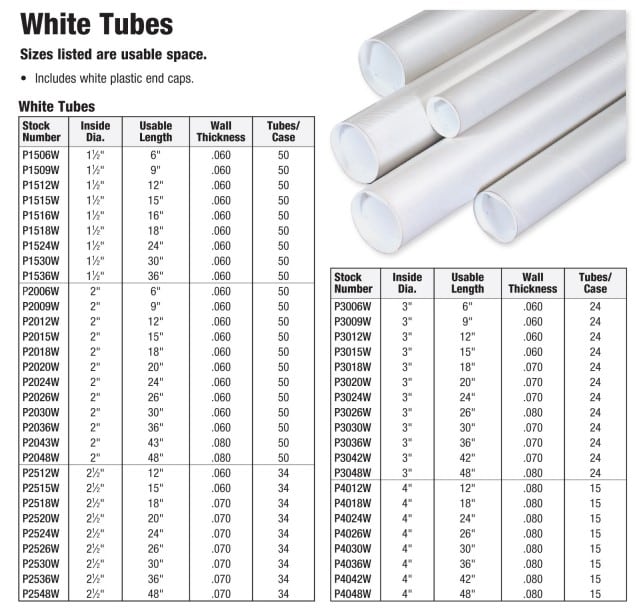 An image of a catalog page displays white mailing tubes in various dimensions. It includes a table listing stock numbers, inside diameter, usable length, wall thickness, and tubes per case for different tube sizes=
